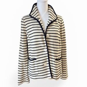 Talbots Striped Knit Jacket Cardigan Navy Cream Cotton Blend Womens Medium